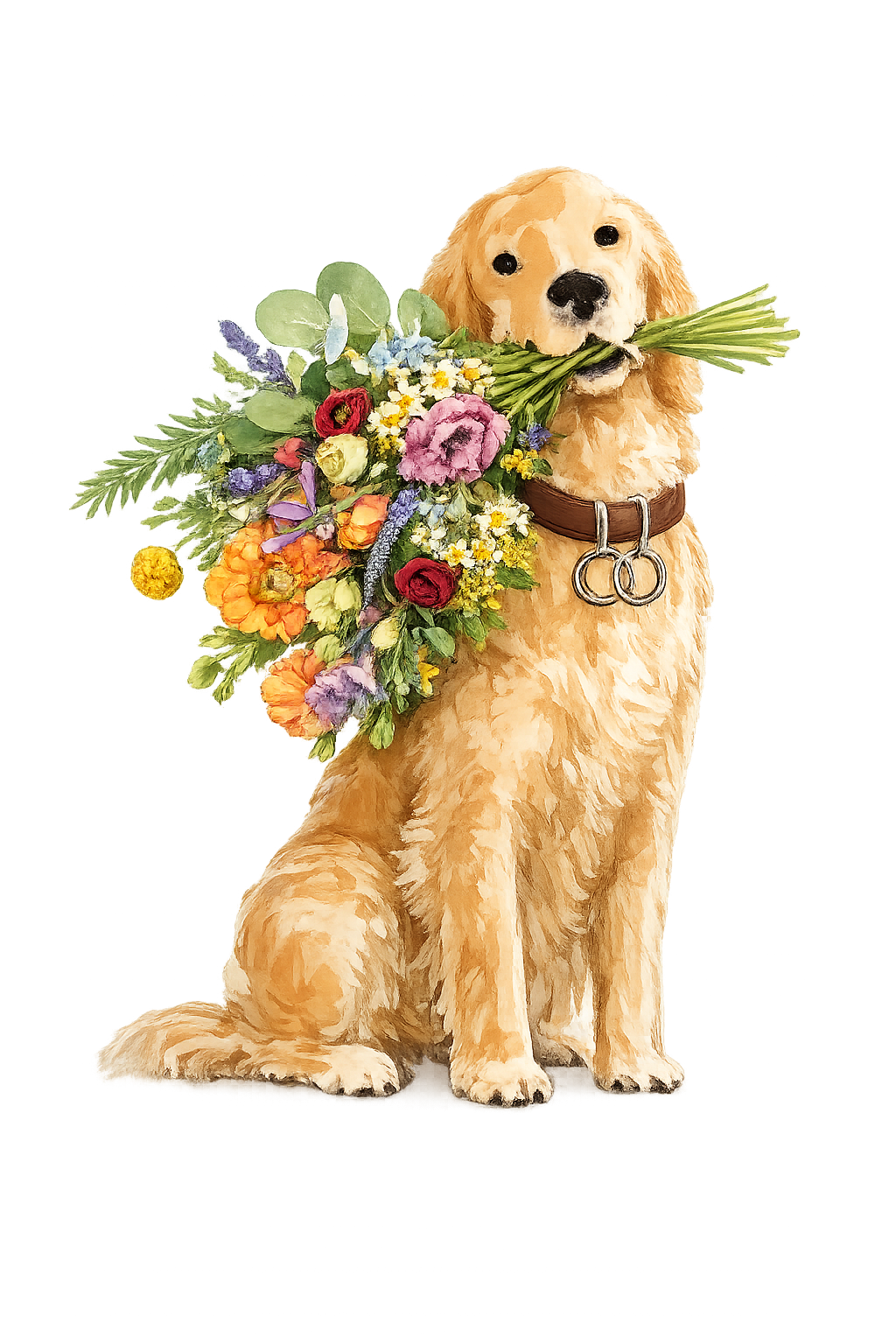 Cão com ramo de flores